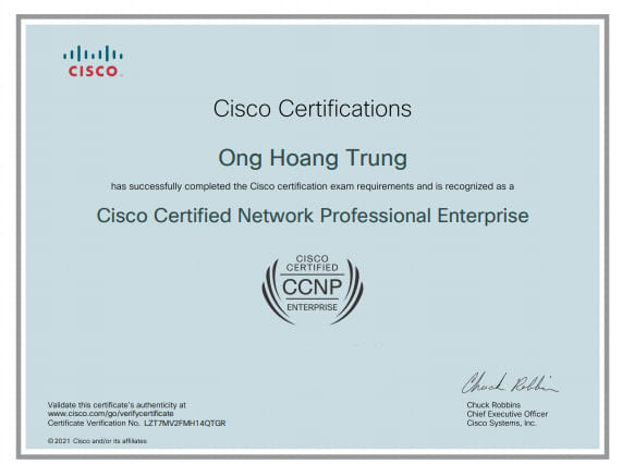 VnPro chúc mừng anh Ong Hoàng Trung đã thi đậu chứng chỉ CCNP Encor và hoàn thành chứng chỉ CCNP Enterprise quốc tế.